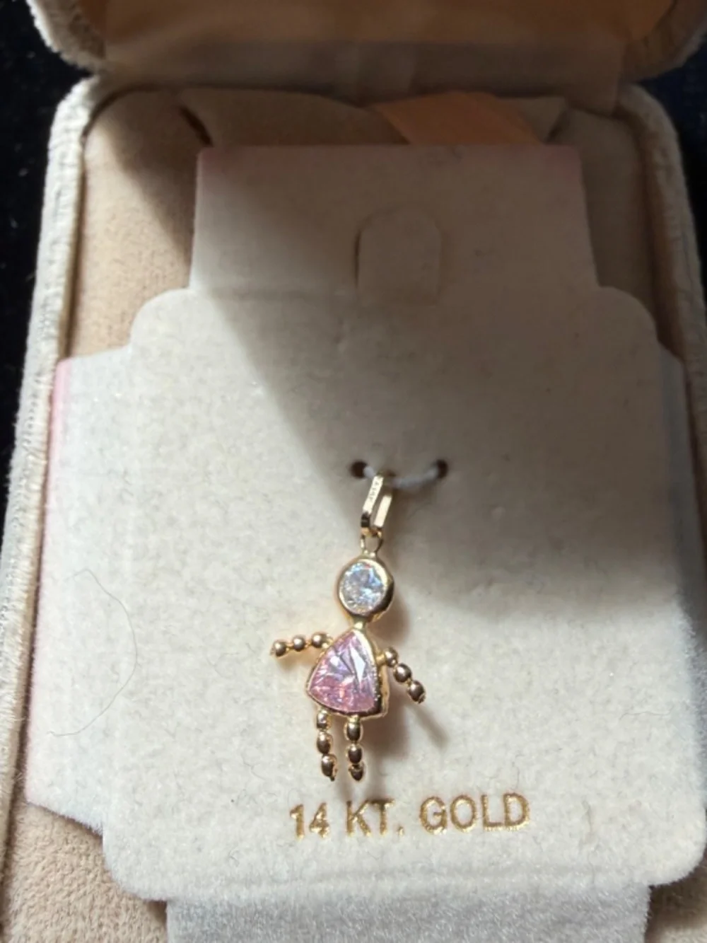 NEW 14K GOLD CHARM-PINK AND CRYSTAL STONES ON ORIGNAL CARD - Picture 2 of 2